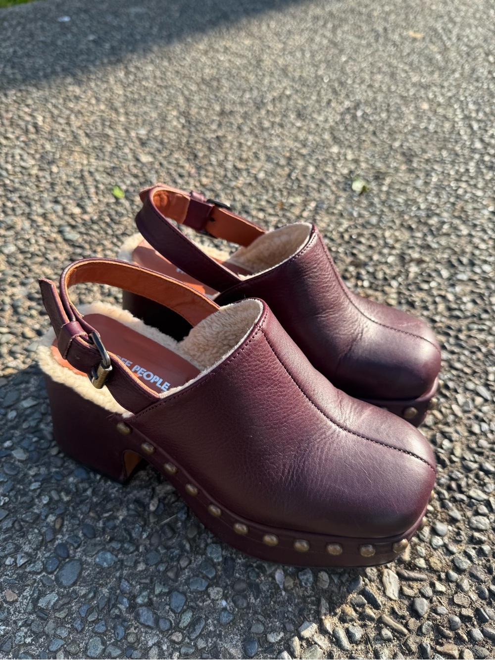 Free People Burgundy Leather Shearling-Trim Clogs